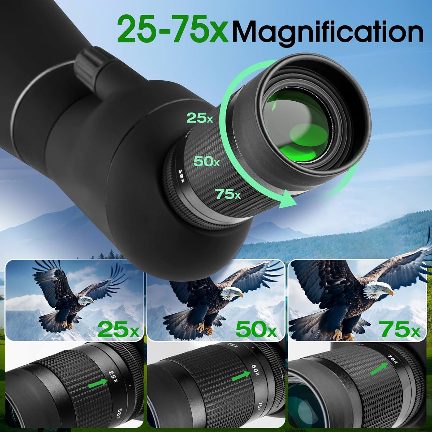 25-75x100 Spotting Scope for Target Shooting with Tripod Phone Adapter Carrying Bag Spotter Scope for Bird Watching, Wildlife Viewing Black