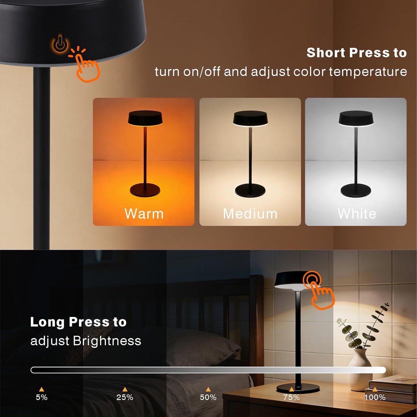 Solar Table Lamp, Waterproof Shower Lamp with 3 Color Dimmable, Rechargeable LED Lamp for Outdoor, Patio, Bedroom, Garden, Camping, Bathroom, (Black)
