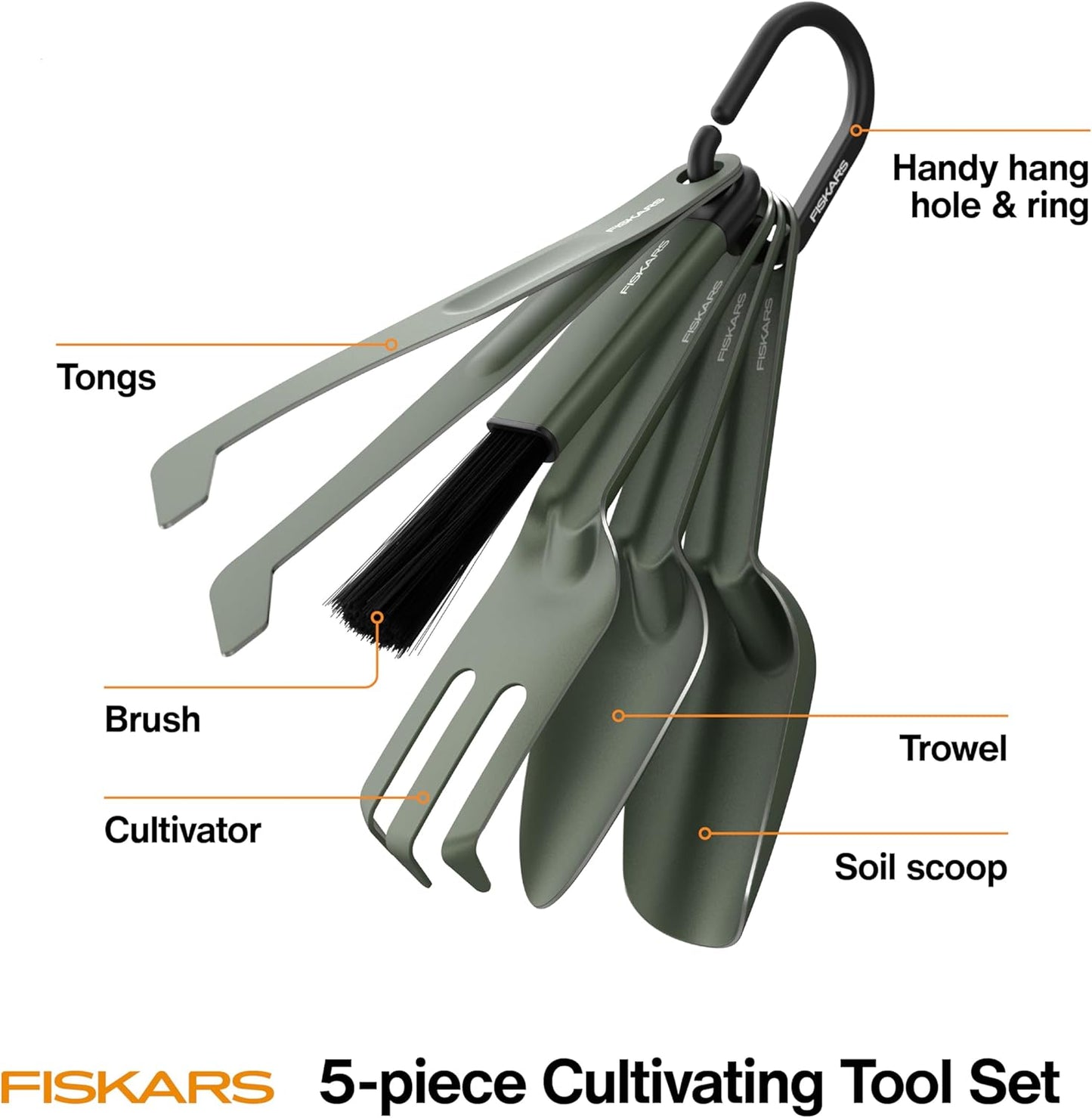 Fiskars 5-Piece Cultivating Tool Set, Nesting Trowel, Soil Scoop, Cult