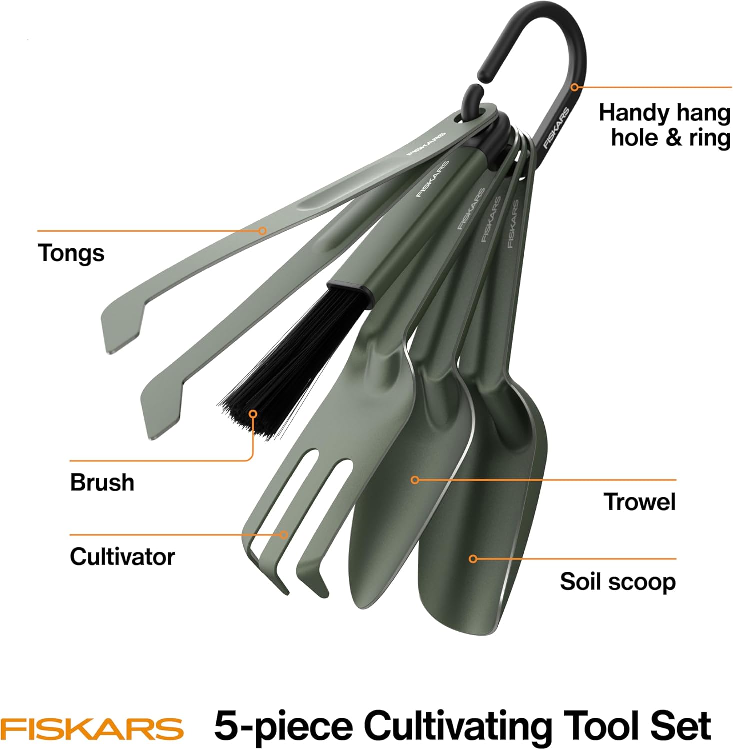 Fiskars 5-Piece Cultivating Tool Set, Nesting Trowel, Soil Scoop, Cult
