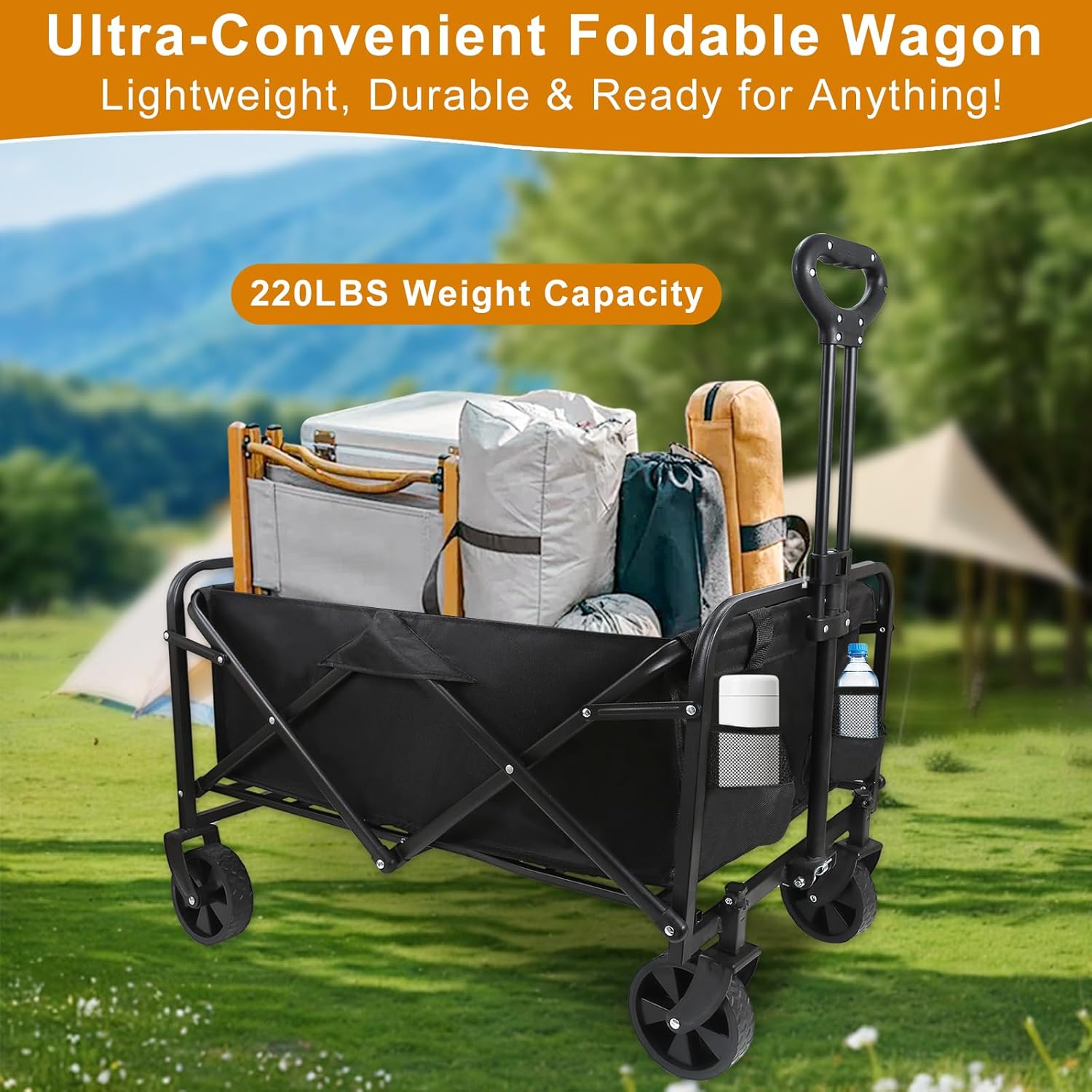 Heavy-Duty Collapsible Wagon Cart with Wheels, Lightweight Foldable Ut