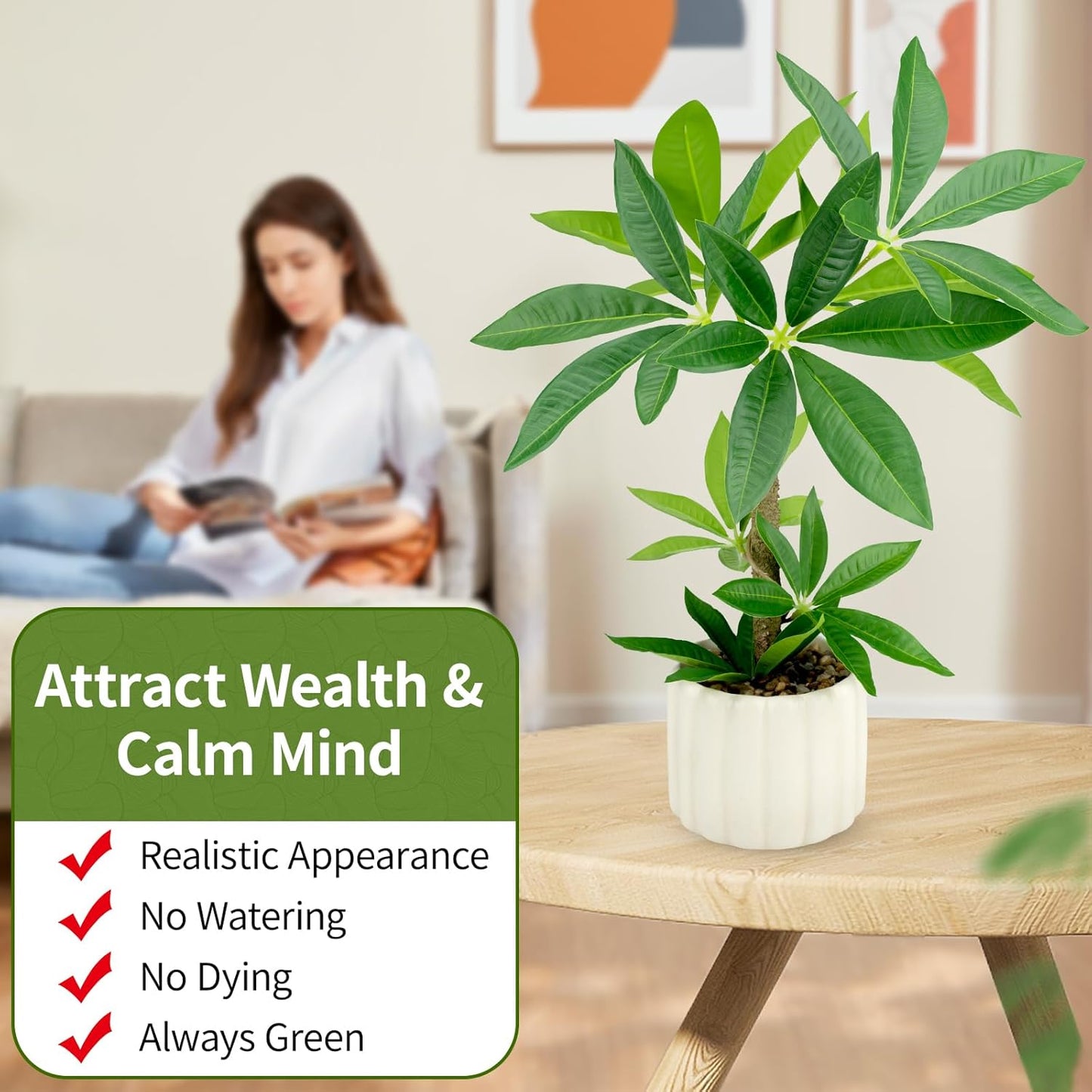 Small Money Tree Bonsai 15.2inch Artificial Desk Plant in White Ceramic Pot, Realistic Indoor Faux Potted Pachira Money Plant for Home Office Living Room Decor(Maintenance Free)