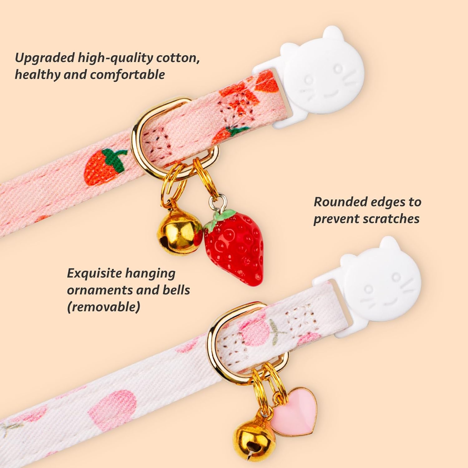 2 Pack Cotton Breakaway Cat Collar Pink Strawberries and White Heart S