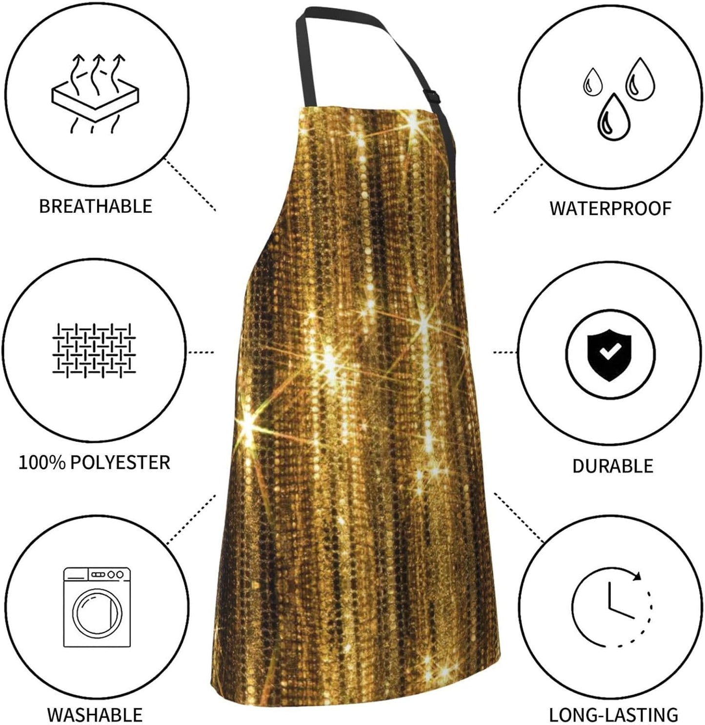 Gold Sequin Sparkle Print 28x33 In Adult Kitchen Apron with Pockets Versatile Chef Smock for Cooking Baking