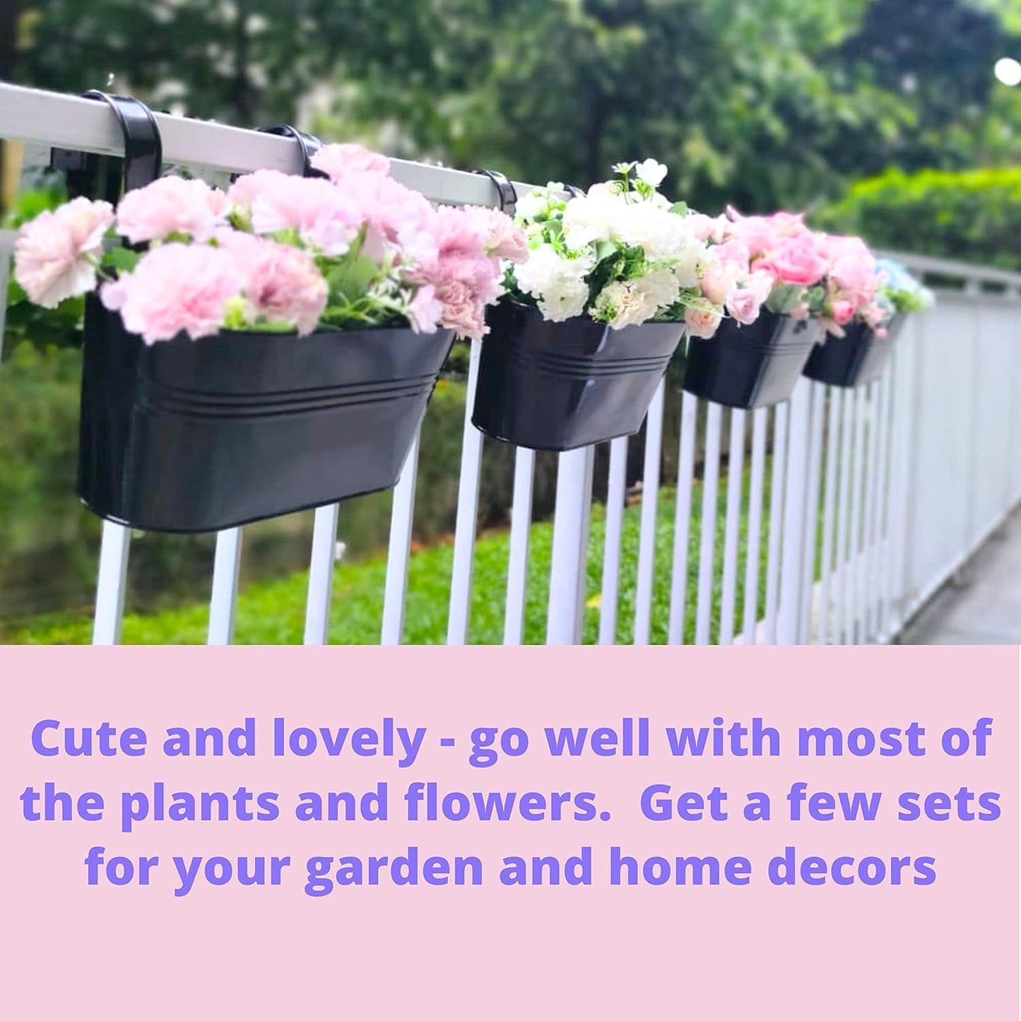 Maxona Metal Iron Hanging Flower Pots, 8 Pack, 11.8 Inch Oval Black Railing Fence Hanging Bucket Pots Countryside Style Window Flower Plant Holder with Detachable Hooks Home Décor