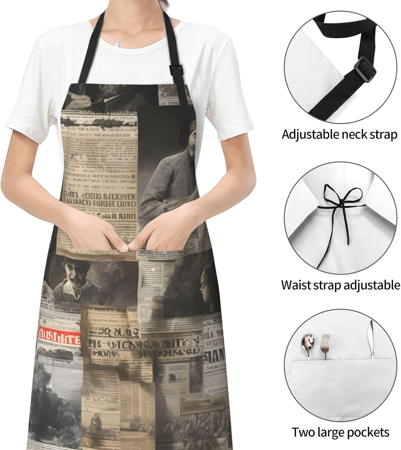 YANYU newspaper hd Print 28x33 In Kitchen Apron Stylish Chef Apron with Pockets for Cooking Baking Painting