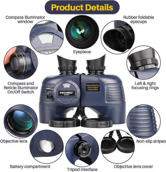USCAMEL 10x50 Marine Binoculars for Adults, Waterproof Binoculars with Rangefinder Compass Tripod Adapter，BAK4 Prism FMC Lens for Navigation Bird Watching Hunting