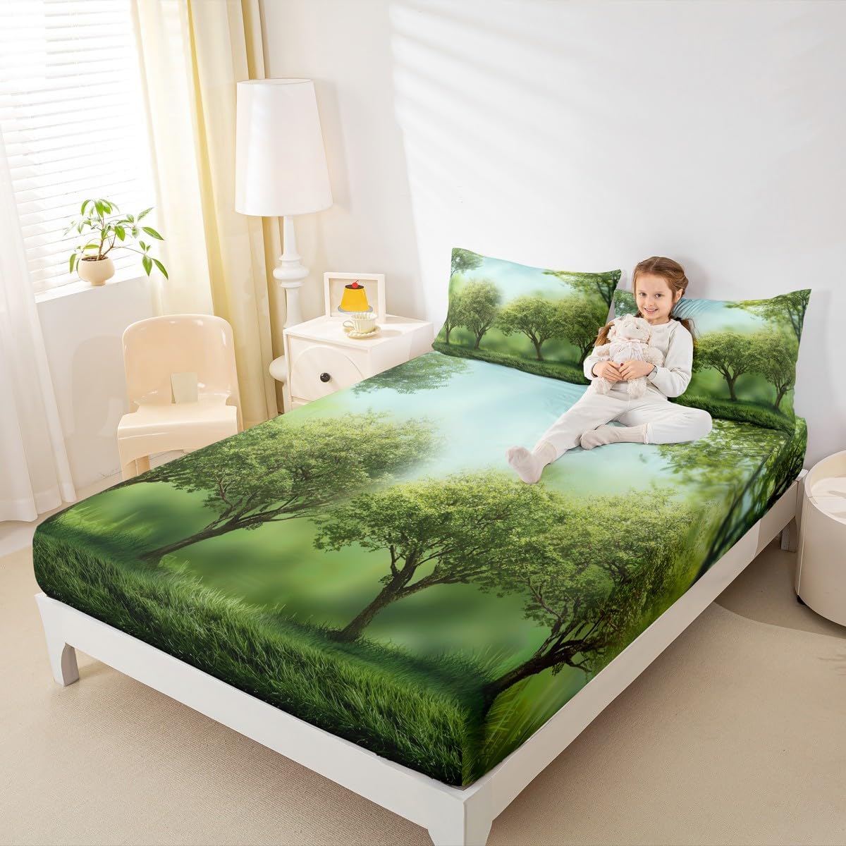 Erosebridal Grass Bedding Set Botanical Leave Lawn Fitted Sheet for Kids Boys Girls Teens Adult Green Luxury Bed Cover Lightweight Bedclothes Twin Size 1 Fitted Sheet with 1 Pillow Case