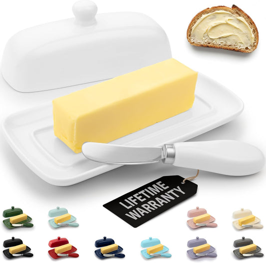 Zulay Kitchen Ceramic Butter Dish with Lid For Countertop & Stainless Steel Knife – Keeps Butter Soft & Fresh – White Butter Dish with Easy-Grip Knob, Durable & Everyday Butter Holder for Home - White
