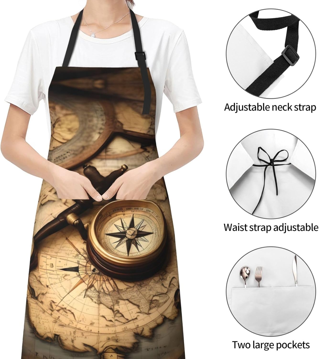 Compass and Old World Map Print Laundry apron 28x33 In Waterproof Kitchen Apron with Pockets for Cooking Baking