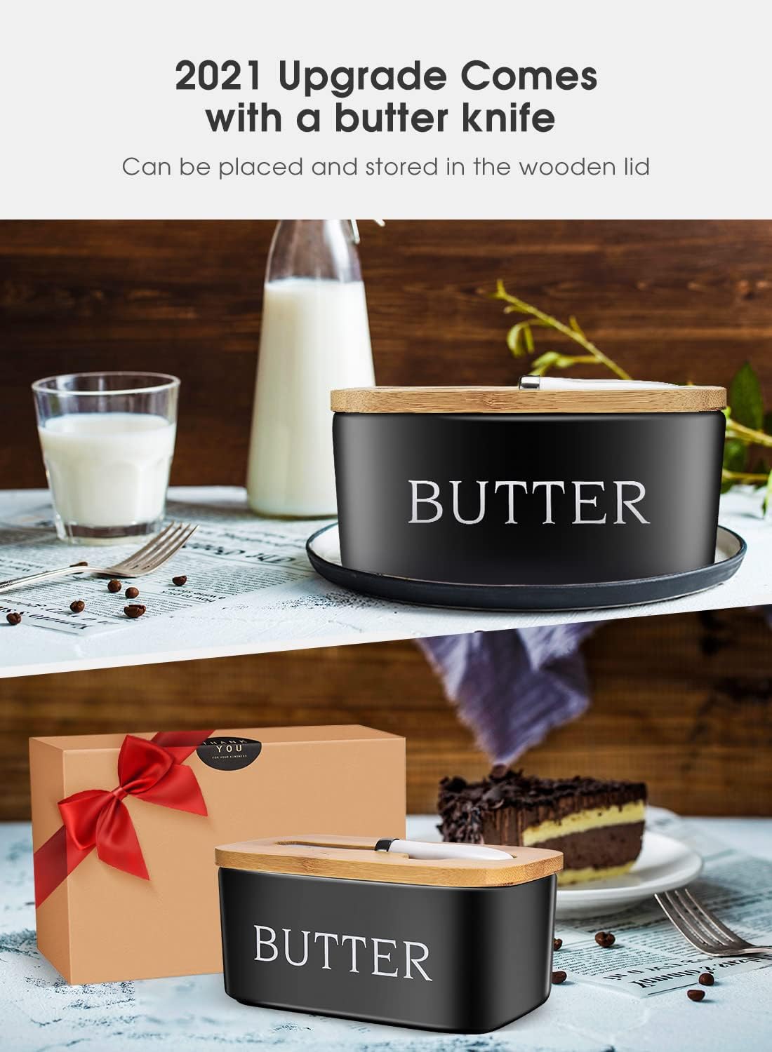 Butter Dish with Lid: Large Butter Dish for Countertop - Ceramic Butter Keeper Container with Knife and High Quality - Silicone Sealing Butter Box for Home Decor Good Kitchen Gift Black