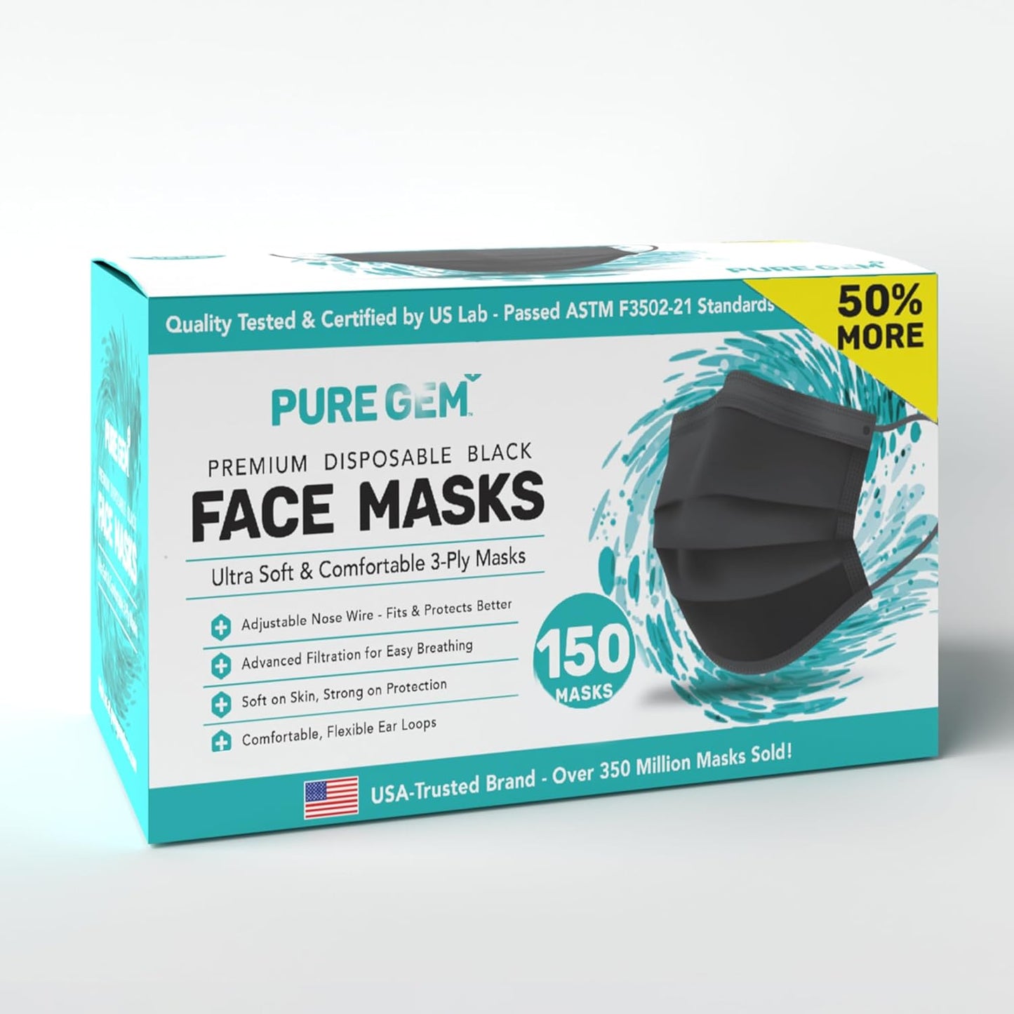 [Pack Of 150] Black Disposable Face Mask, 3-Ply Adult Masks, Facial Co