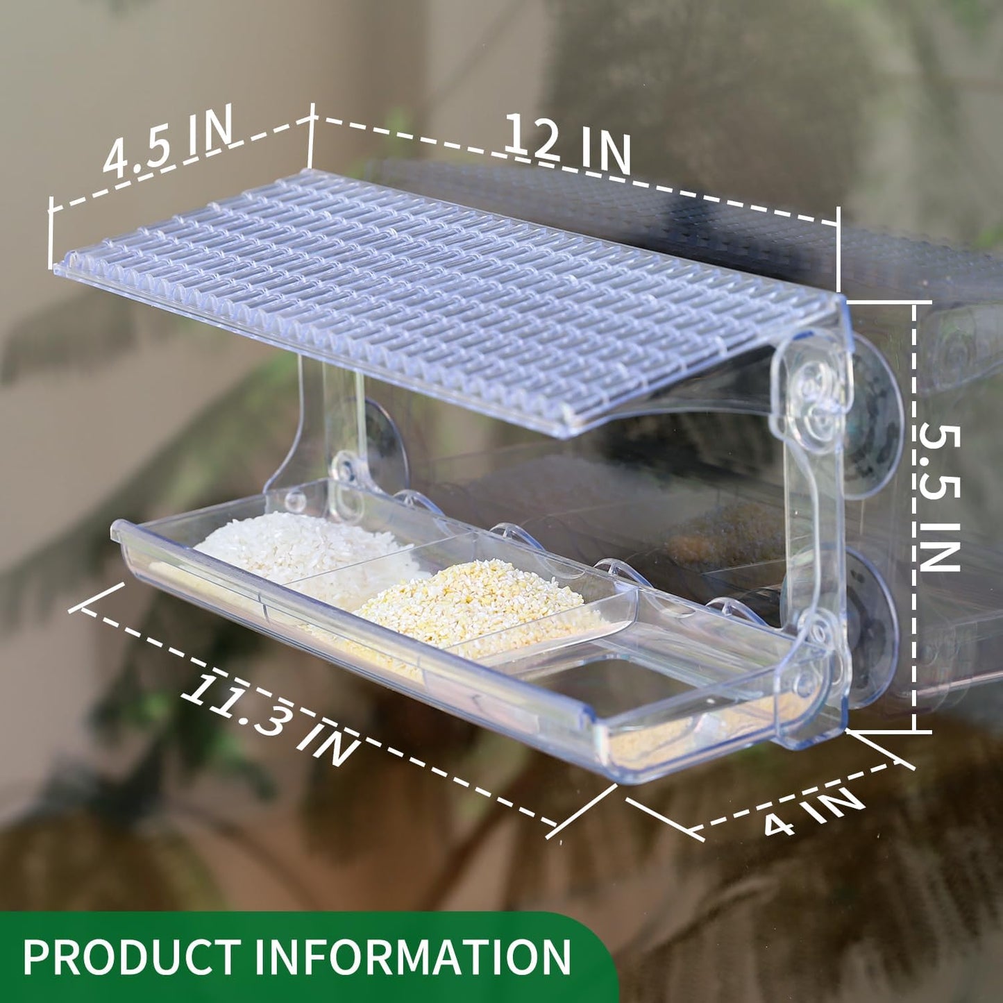 Large Window Bird Feeder with Removable Seed & Water Tray, for Wild Birds with Super Strong Sticker Hooks +Suction Cup Plus +Tweezer, Unbreakable Transparent Acrylic Weatherproof