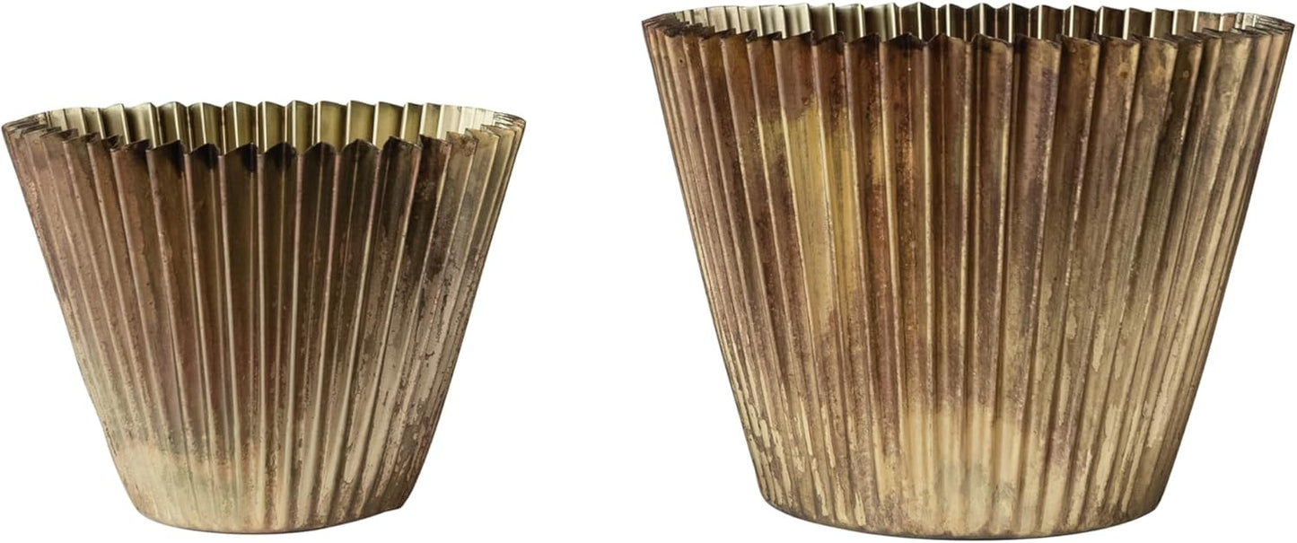 Creative Co-Op Fluted Metal Vase with Distressed Finish, Antique Brass, Set of 2 Sizes