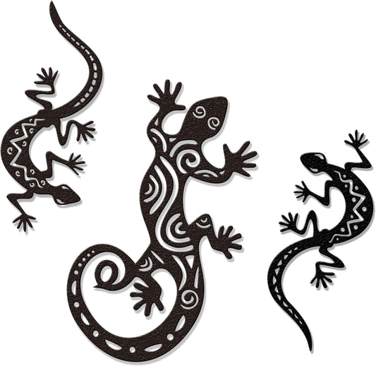 YATEASLU Outdoor Wall Art Metal Gecko Sculpture Elegant Black Patio Wall Decor Outdoor Fence Southwestern Style Decor for Garden, Patio or Home (Pack of 3)