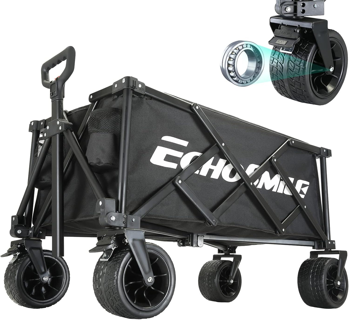 EchoSmile Collapsible Folding Wagon Cart with Compact Storage - 400LBS Capacity All Terrain Utility Cart for Camping, Beach, Grocery, Gardening (Black)