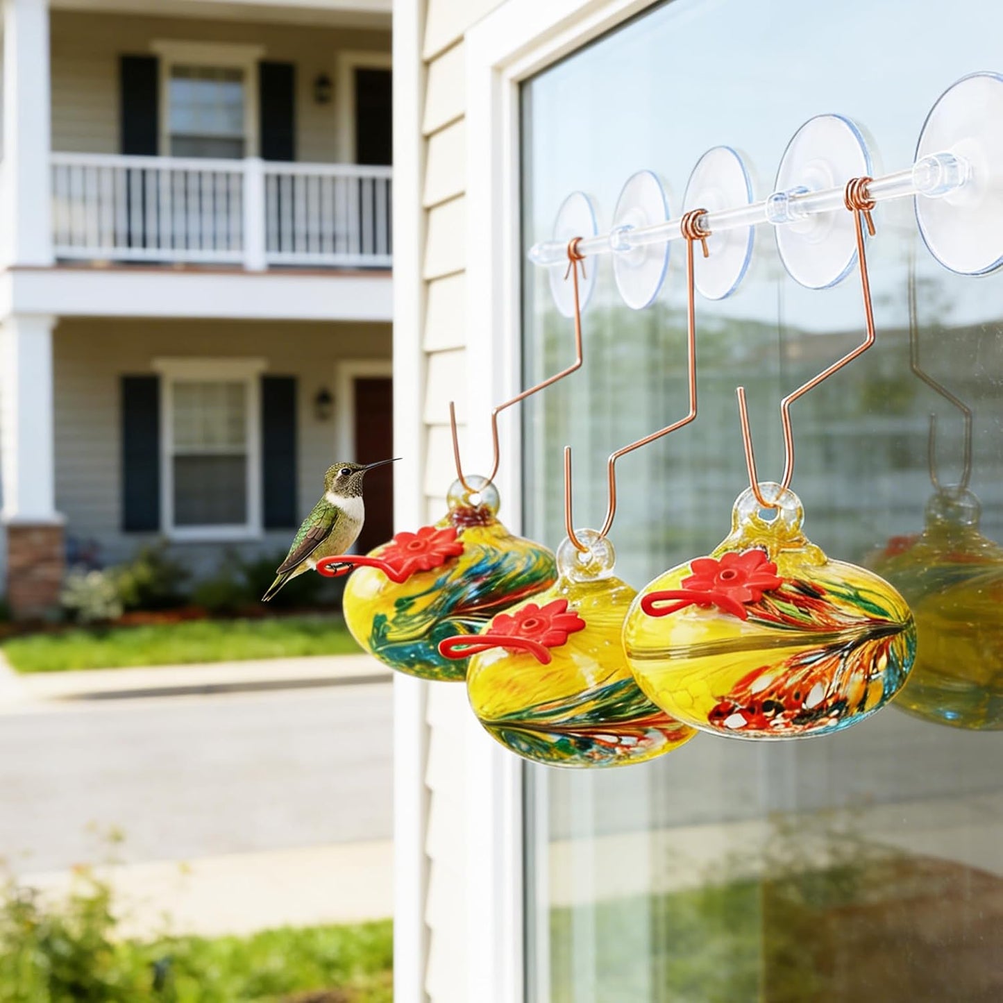3Pcs Hand Blown Hummingbird Feedeers with Suction Cups for Window Hanging Ant and Bee Proof Glass Humming Birds Feeders Gifts for Woman Man
