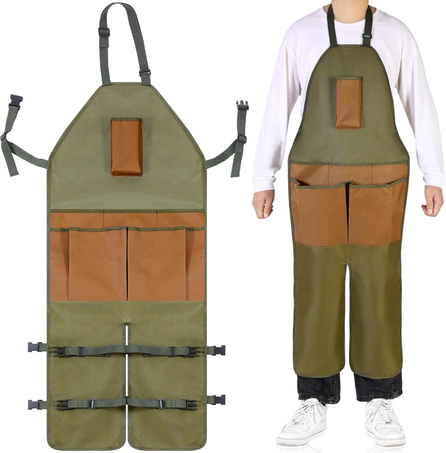 Gardening Apron Adjustable Legs Waterproof Apron with 6 Release Pockets Army Green Adjustable Buckle for Gardening Woodworking Pottery BBQ Cafe Kitchen Painting Carpenter Work