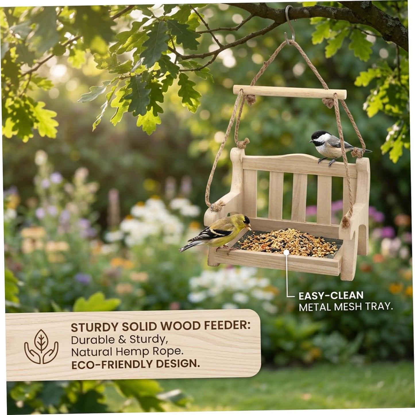 Hanging Bird Feeder, Wooden Outdoor Bird Feeders with Resting Perch Ch