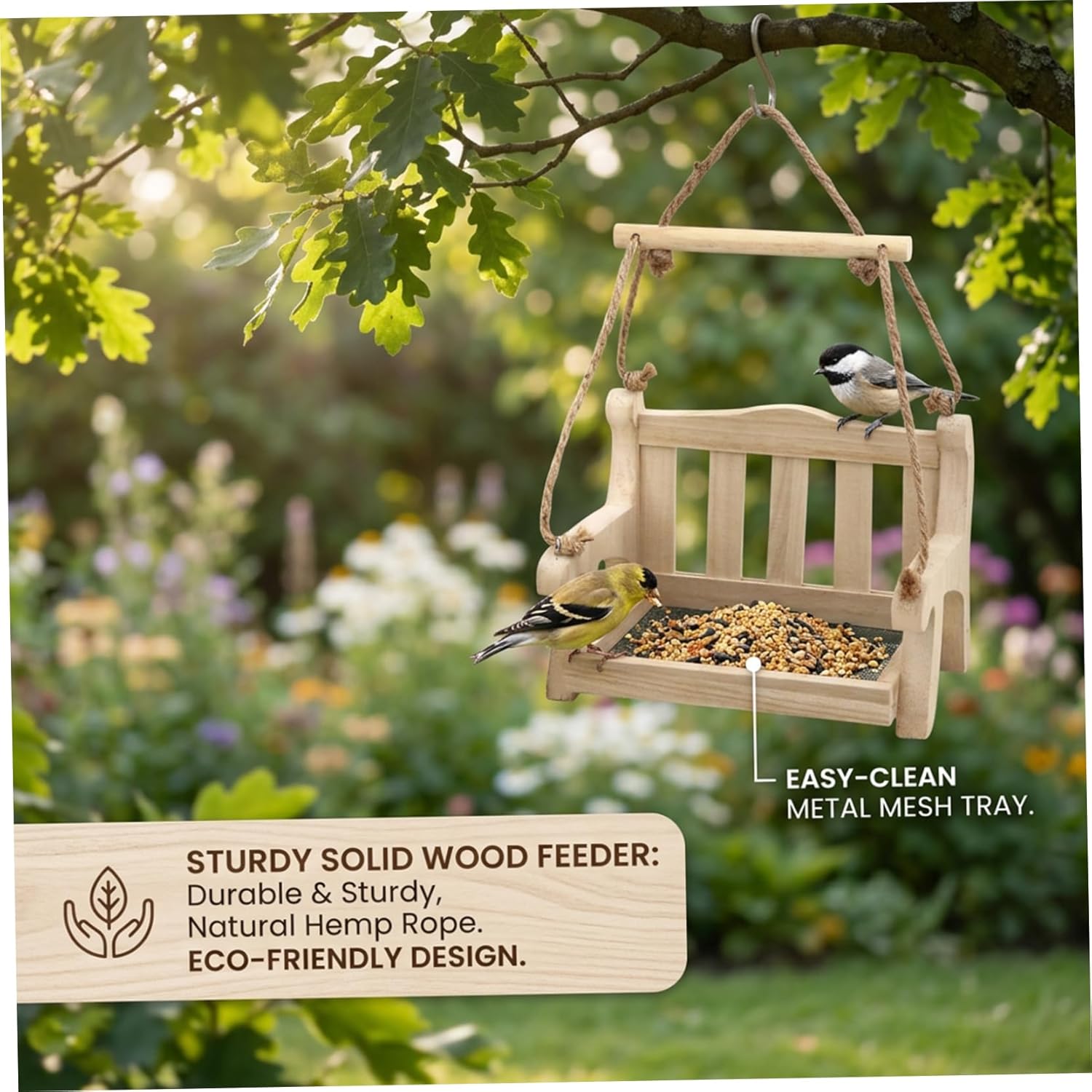 Hanging Bird Feeder, Wooden Outdoor Bird Feeders with Resting Perch Ch
