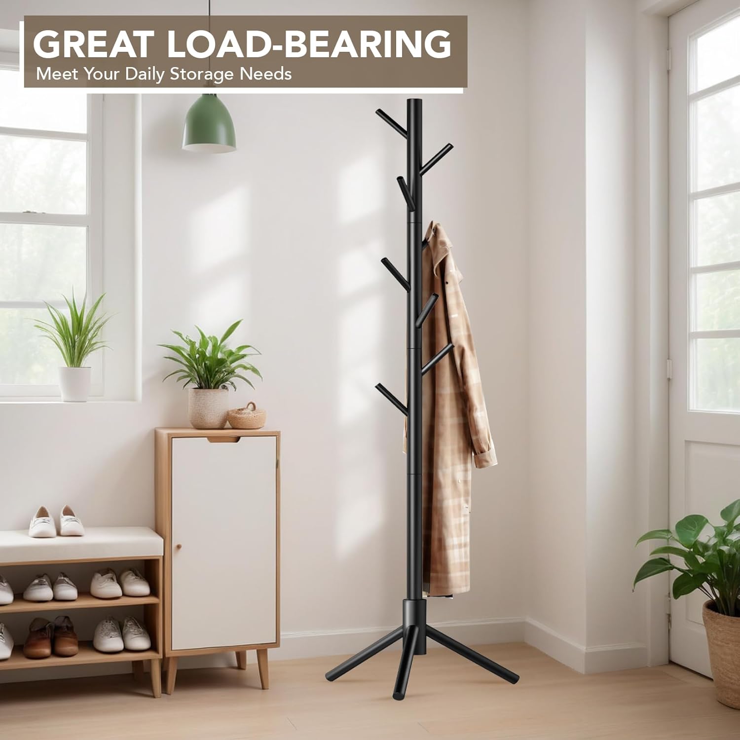 Wooden Tree Coat Rack Stand,Sturdy Freestanding Coat Rack with 8 Hooks