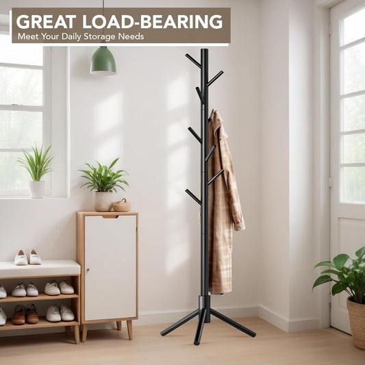 Wooden Tree Coat Rack Stand,Sturdy Freestanding Coat Rack with 8 Hooks