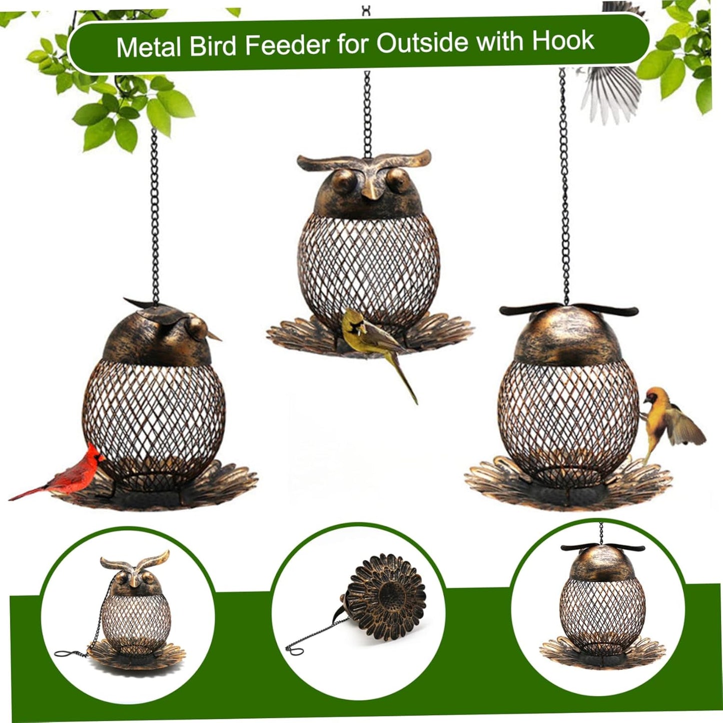 Metal Bird Feeder 6 Inch Owl-Shaped Hanging Bird Feeder with Hollow Ou