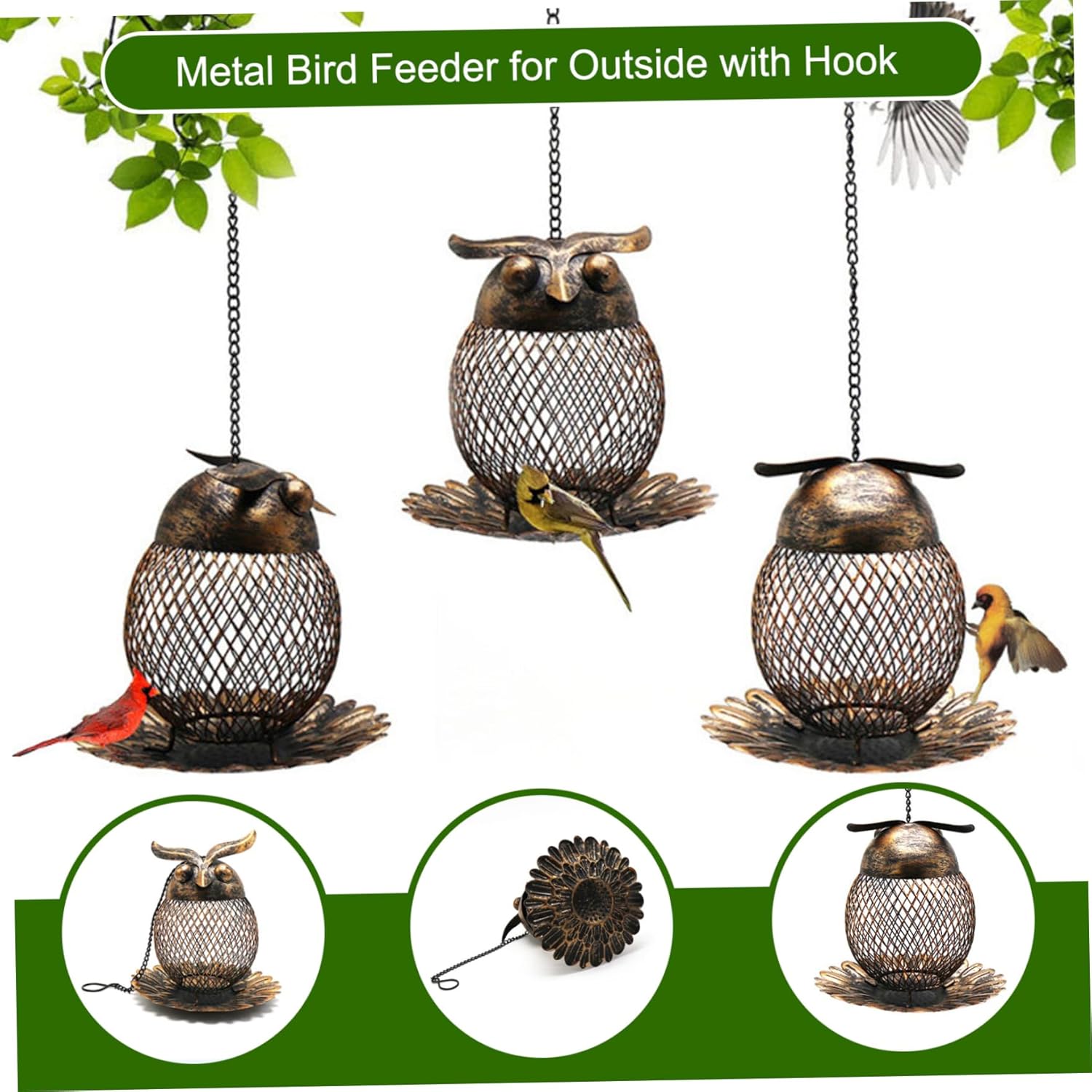 Metal Bird Feeder 6 Inch Owl-Shaped Hanging Bird Feeder with Hollow Ou