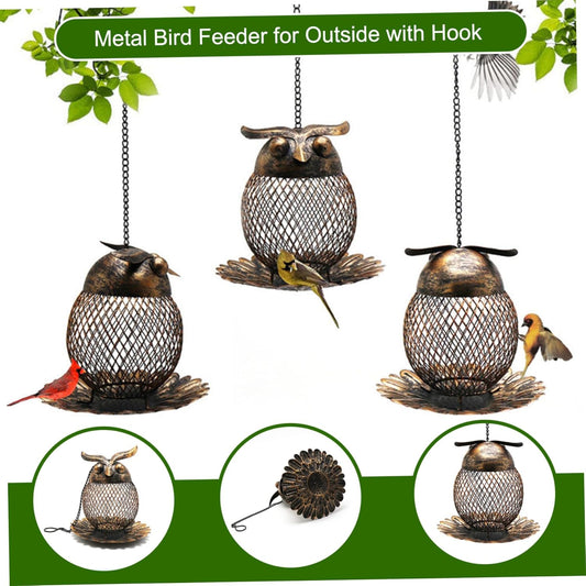 Metal Bird Feeder 6 Inch Owl-Shaped Hanging Bird Feeder with Hollow Ou