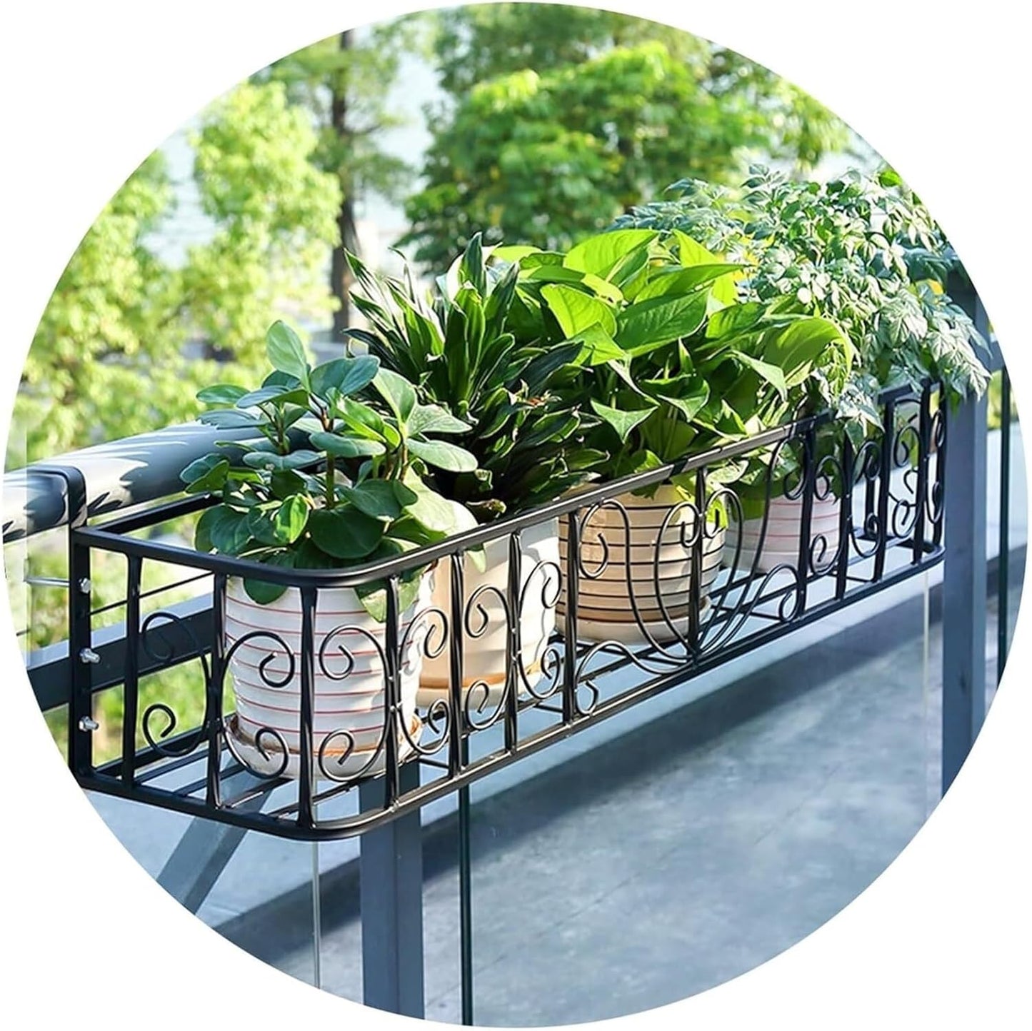 Outdoor Railing Planter - Black Iron Flowerpot for Balcony, Fence, Window Sill - Stylish Hanging Plant Stand, 90x27x19cm, Perfect for Garden Decor