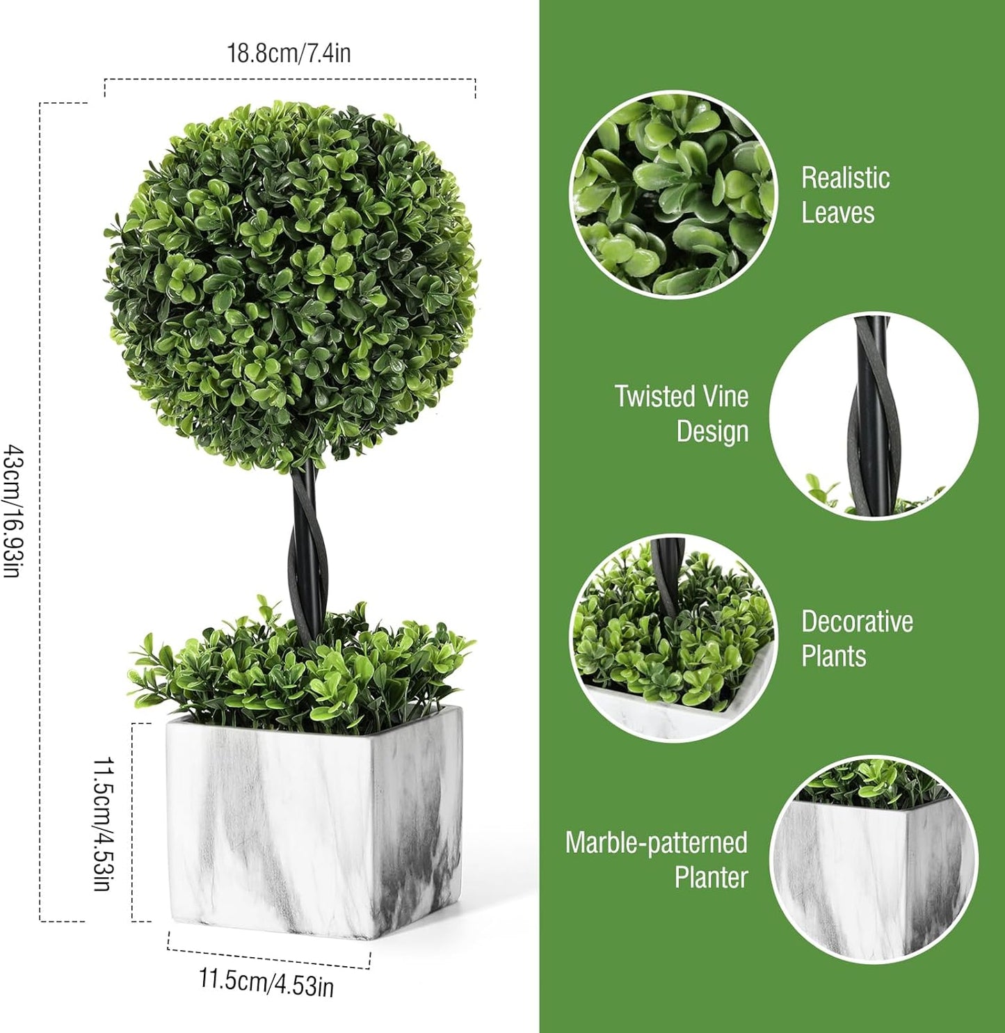 Lewondr 16'' Artificial Topiary Ball Tree, Small Potted Fake Plants, Artificial Boxwood Plants with White Planter Pot, Outdoor Indoor Realistic Faux Shrubs Tree for Home Office Porch Decor, Set of 2