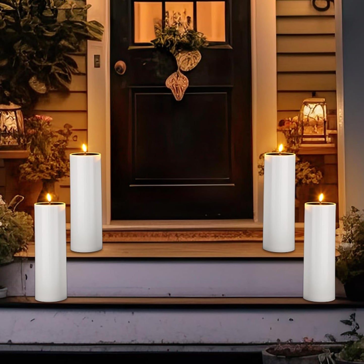 4 Pcs Large Outdoor Candles, Flameless Flickering LED Candles, Battery Operated Waterproof Candle for Wedding Centerpiece Porch Lanterns Patio Easter Decor(4"x12"/12"/12"/12")