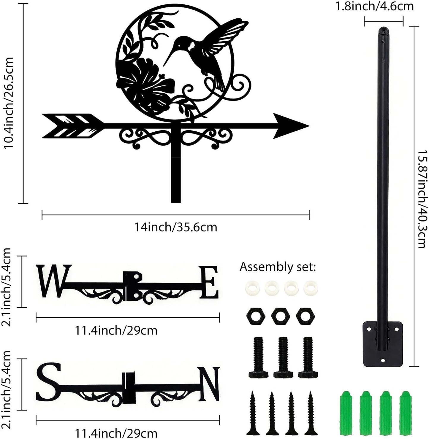 Hummingbird Weather Vane Outdoor Garden Wind Vane Black Bird Flower Pattern Iron Decorative Weathercock Wind Direction Indicator Tool for Farmhouse Sheds Yard Home Decoration 10.4 x 14 Inch