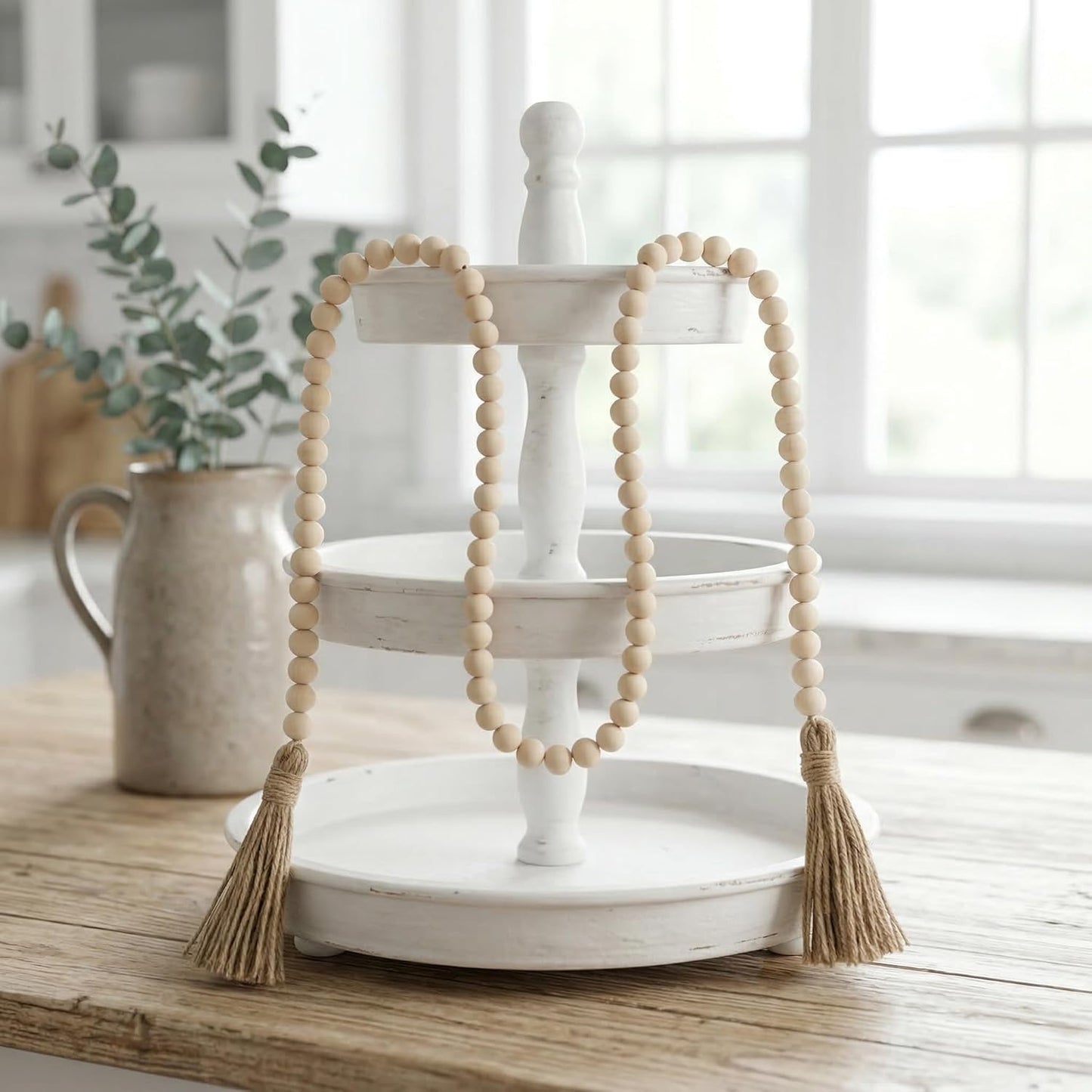 Farmhouse Beads 58in Wood Bead Boho Tassel Garland - Rustic Country Boho Chic Decor for Wall, Above Cabinet & Table