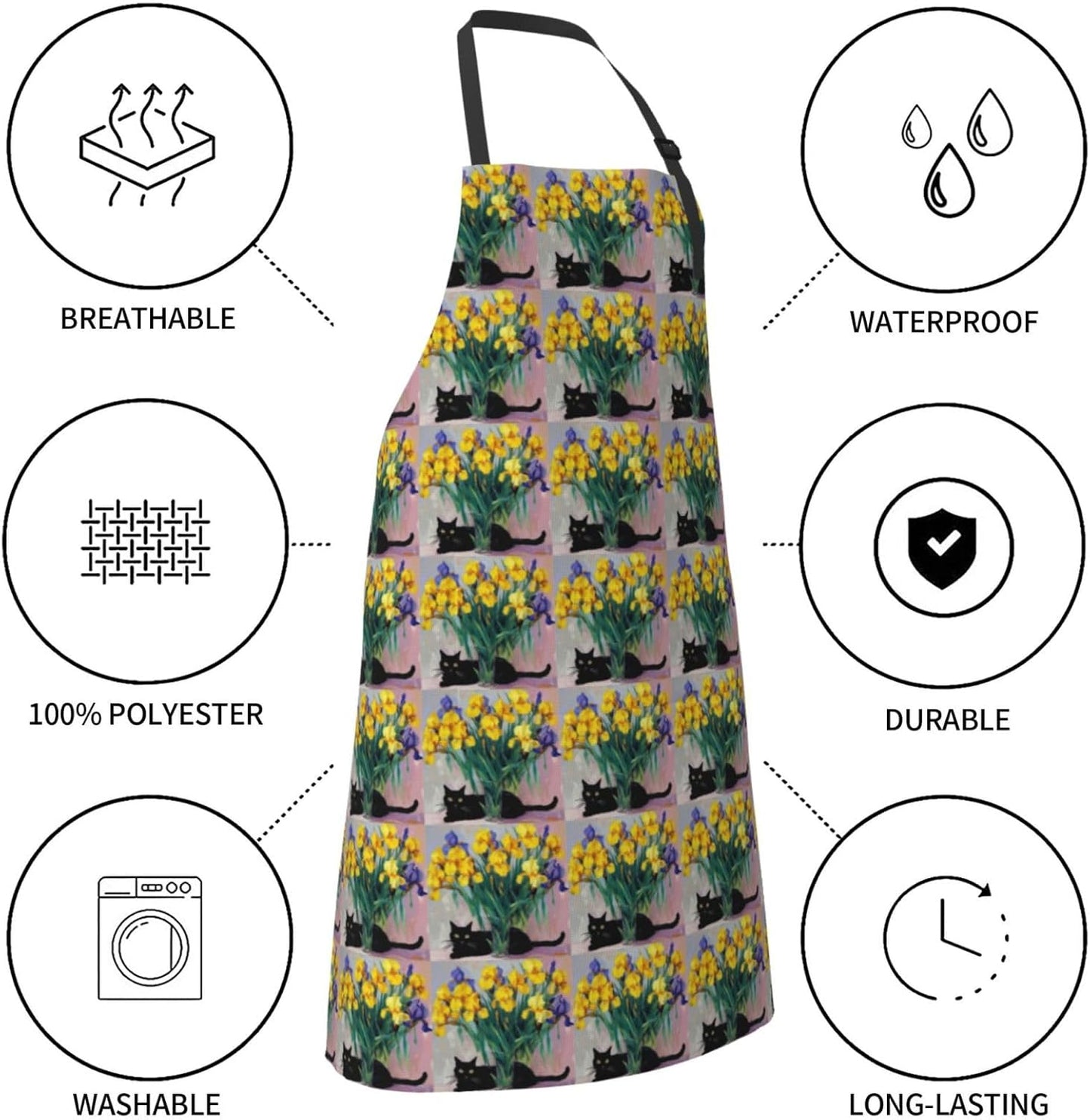 YANYU Cat Flower Embellishment Print 28x33 In Kitchen Apron Stylish Chef Apron with Pockets for Cooking Baking Painting