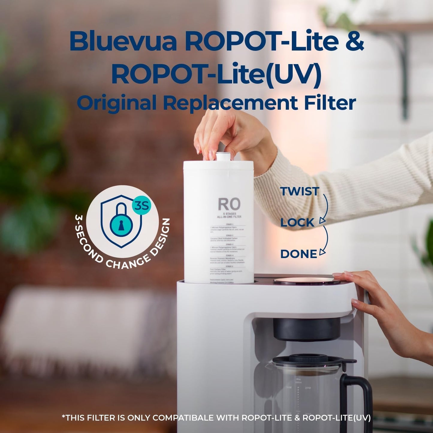 Bluevua 역삼투 시스템 카운터탑 RO100ROPOT-Lite 교체 필터