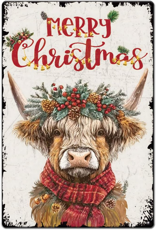 SUPERDANT Christmas Highland Cow Metal Signs Highland Yak Tin Sign Met