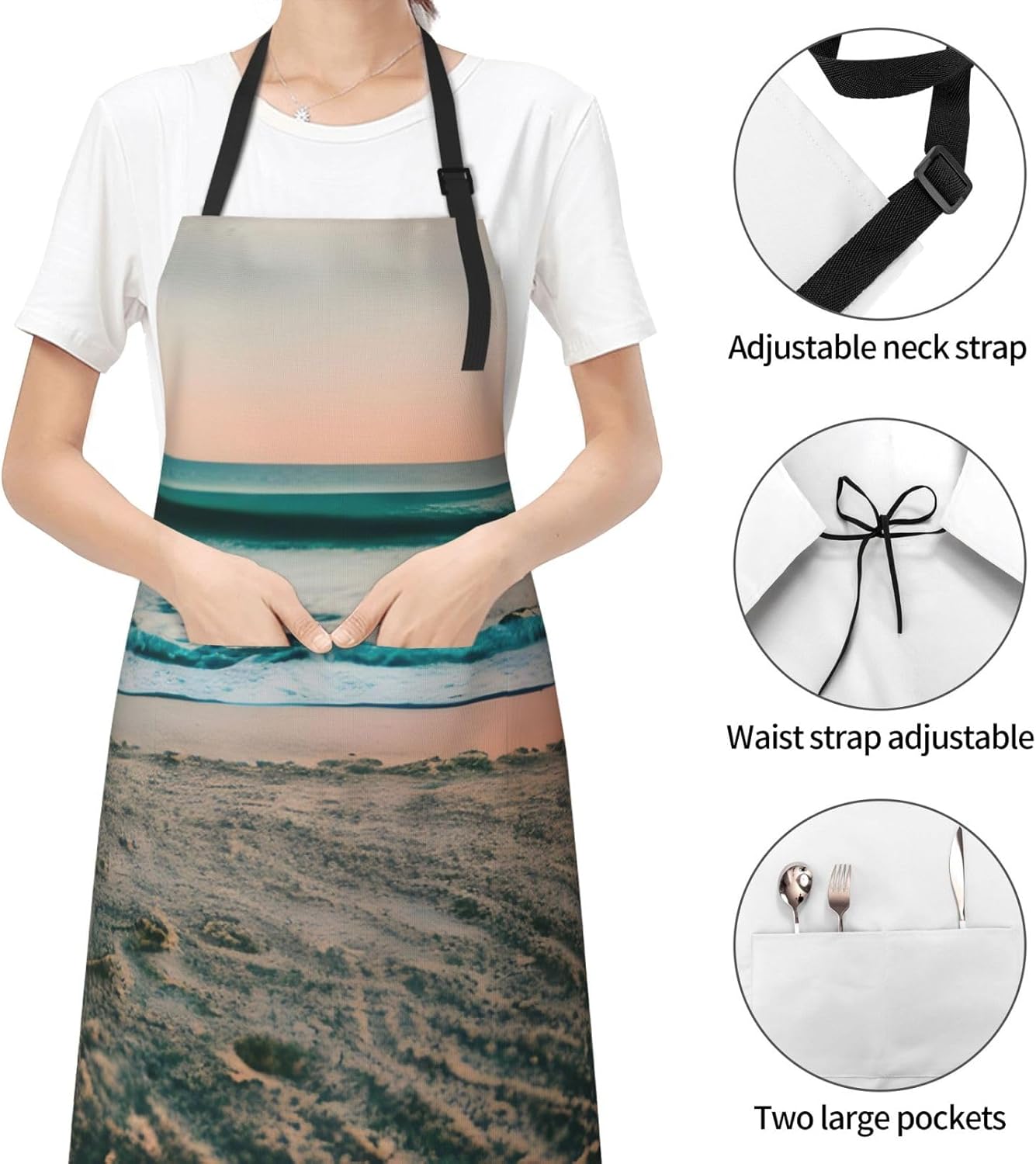 Beach Sunset Theme Print Laundry apron 28x33 In Waterproof Kitchen Apron with Pockets for Cooking Baking