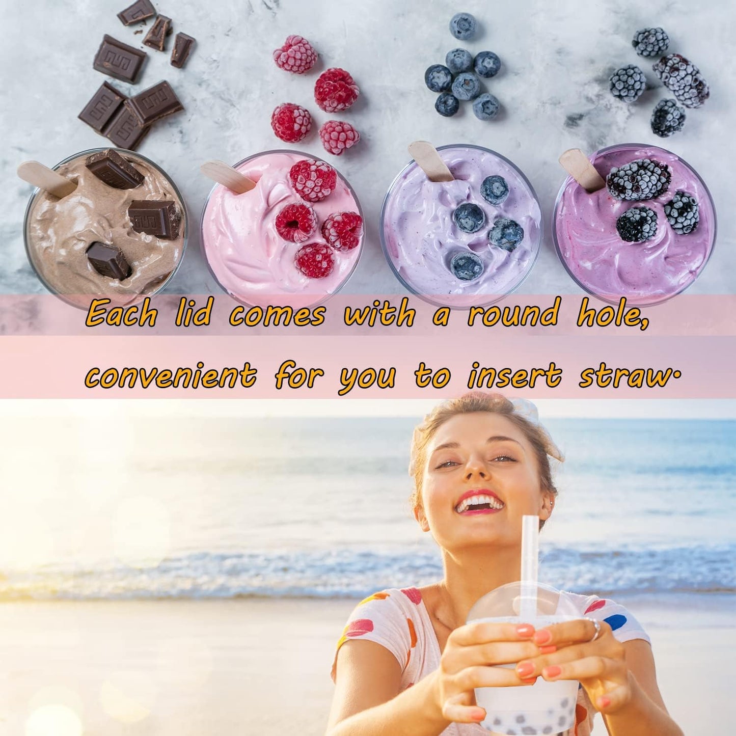 50 Pack 8oz Disposable Clear Plastic Cups with Dome Lids(Hole in the Lid),PET Dessert Cups,Disposable Snack Bowls for Ice Cream,Cake,Fruit,Parfait, Pudding and Jello Shot