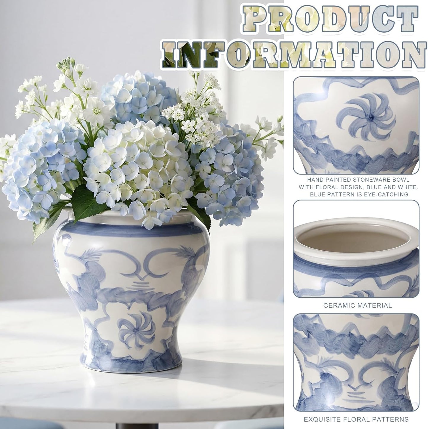 12'' Ceramic Blue and White Planter Large Chinoiserie Vase Plant Pot Indoor Porcelain Flower Pot Urn Scroll Vase with Drainage Hole Chinese Oriental Decorative Gift for Gardening Home