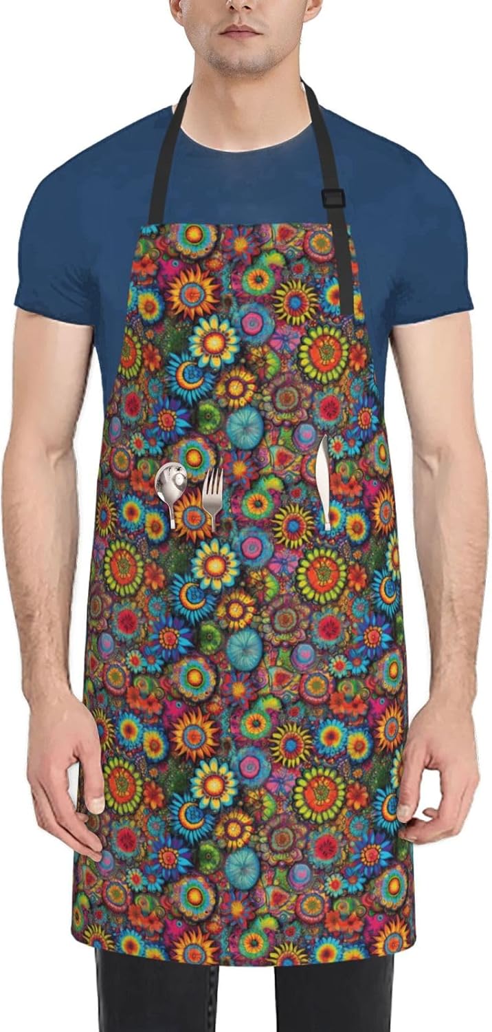 YANYU Hippie Pattern Print 28x33 In Kitchen Apron Stylish Chef Apron with Pockets for Cooking Baking Painting