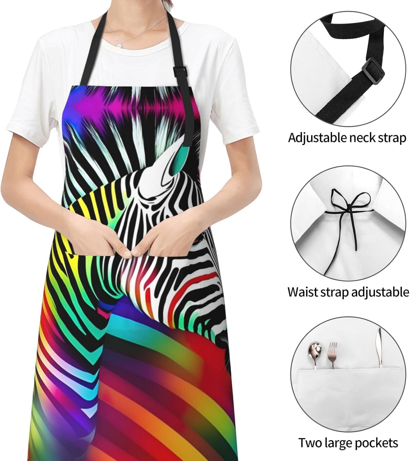 Colorful Rainbow Zebra print Waterproof chef's apron with pocket apron for kitchen cooking baking barbecue and gardening