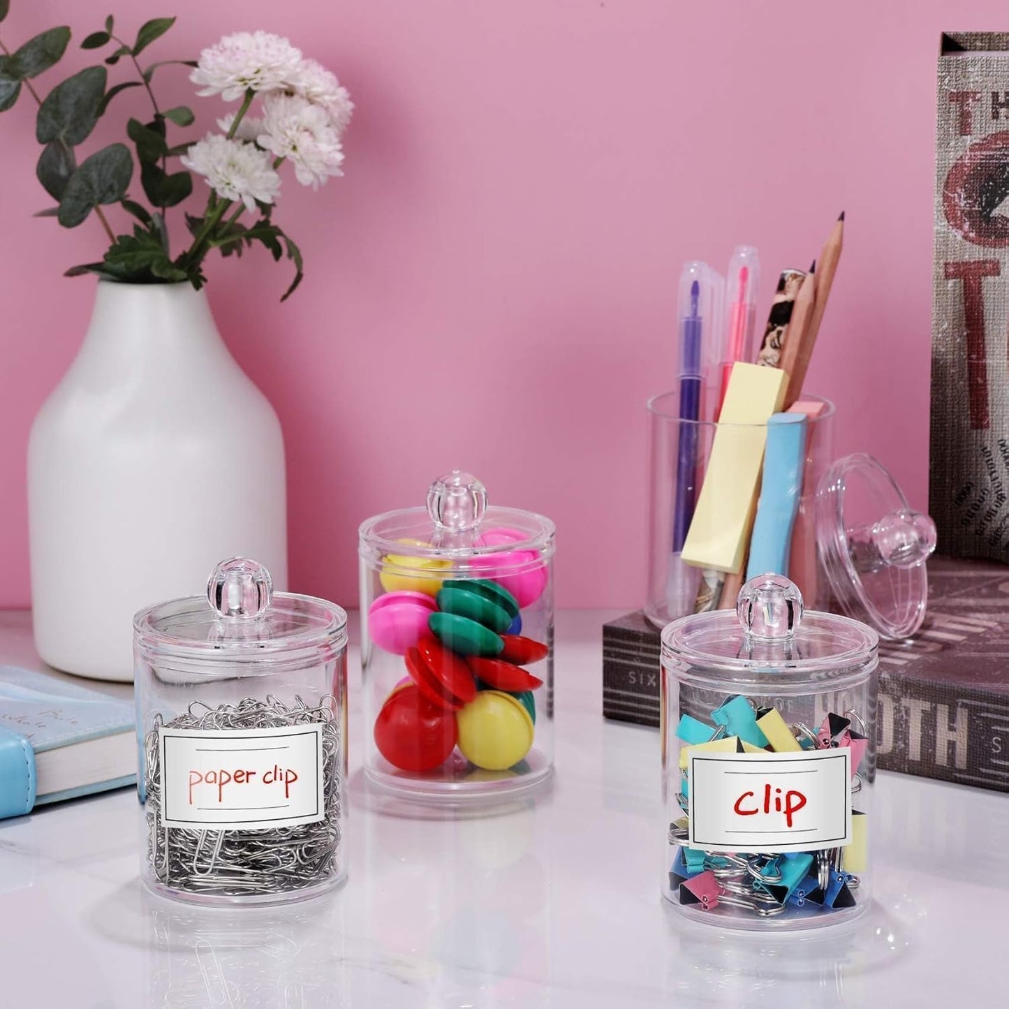 4 Pack Acrylic Qtip Holder Dispenser for Cotton Swabs, Balls, Pads, Floss Picks- Small Clear Acrylic Canister Apothecary Jar Set, Bathroom Essentials Accessories Decor, Vanity Makeup Storage Organizer