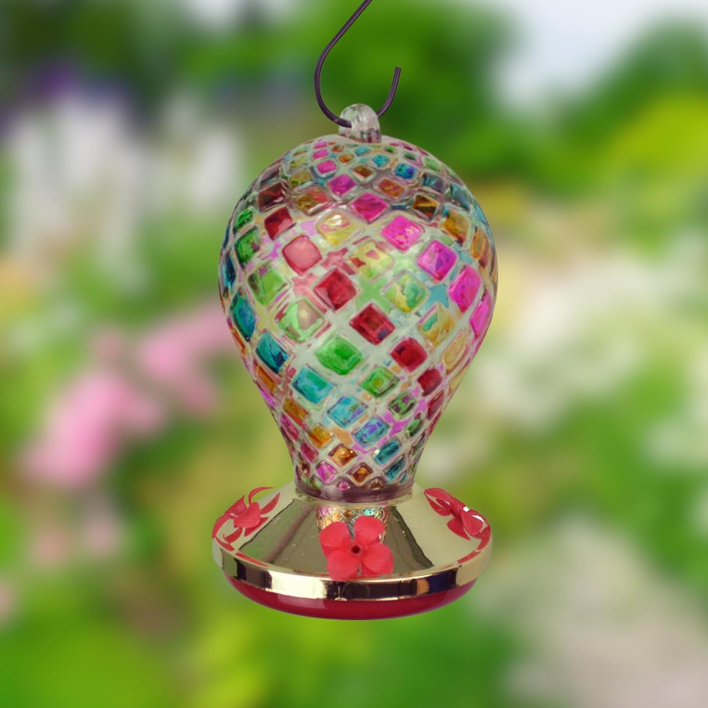 Red Carpet Studios Large Glass Hummingbird Feeder Balloon-Shaped Hanging Garden Décor, Holds 26-Ounces Nectar, 7.5" Long, Multicolor