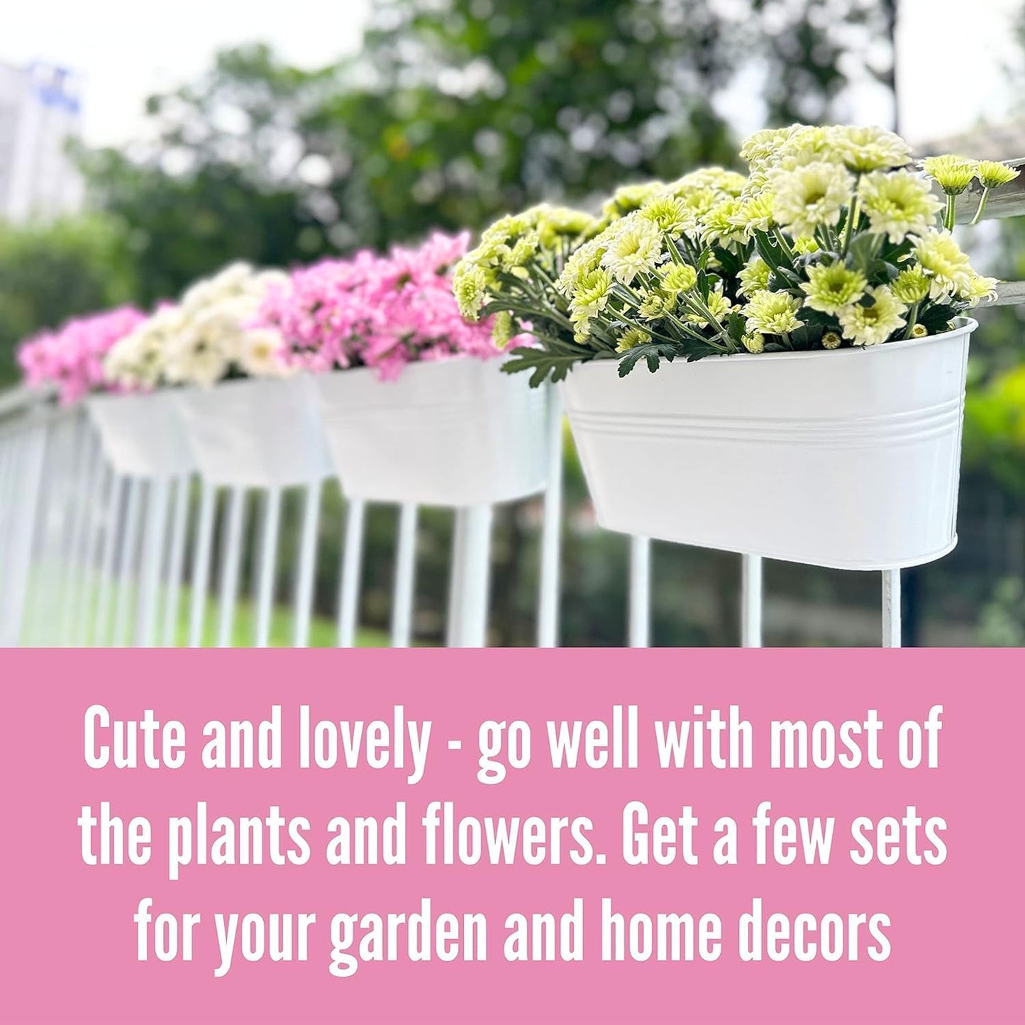 Maxona Metal Iron Hanging Flower Pots, 6 Pack, 9.8 Inch Oval White Railing Fence Hanging Bucket Pots Countryside Style Window Flower Plant Holder with Detachable Hooks Home Décor