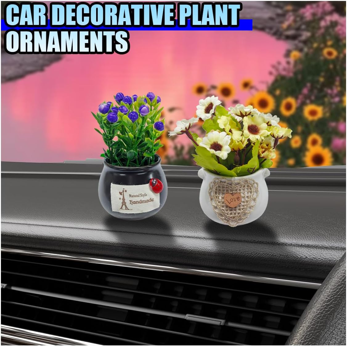 2PCS Cute Flower Bouquet in Pottery Vase Car Dashboard Ornament for Women Interior Aesthetic, Miniature Artificial Plant Car Center Console&Dashboard Decoration for Home Office (Purple/Beige)