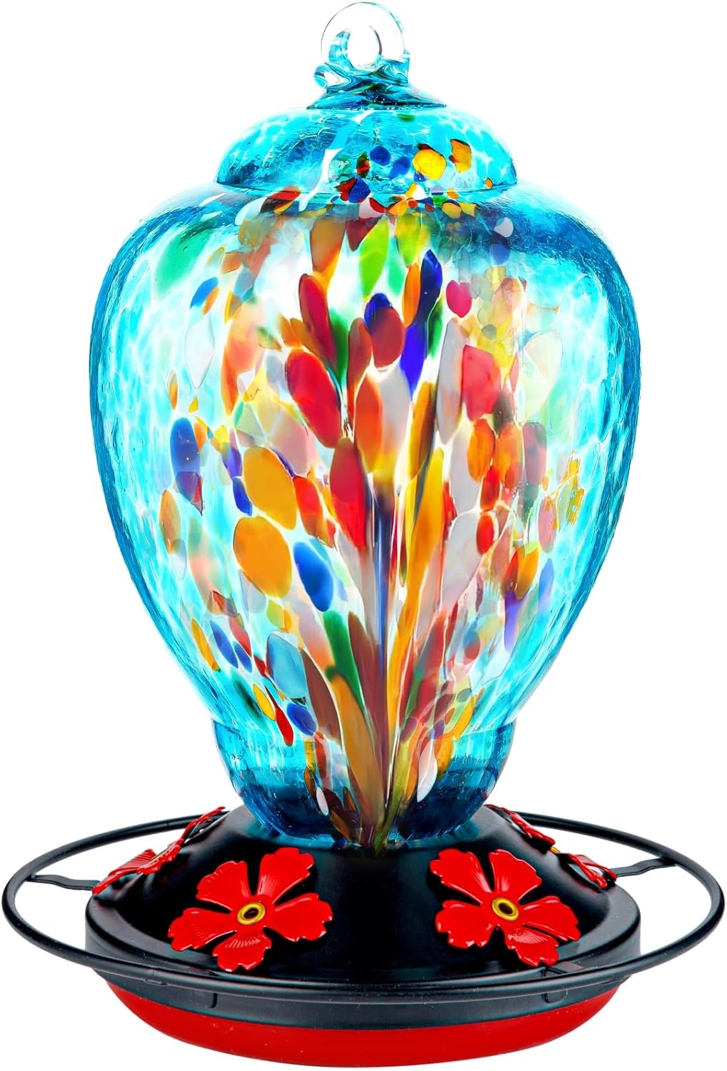 Glass Hummingbird Feeder for Outdoor Hanging 32 Ounces Large Hand Blown Patio Garden Decoration Hummingbird Feeder with Ant Moat Gift Idea for Women (Blue Fire)