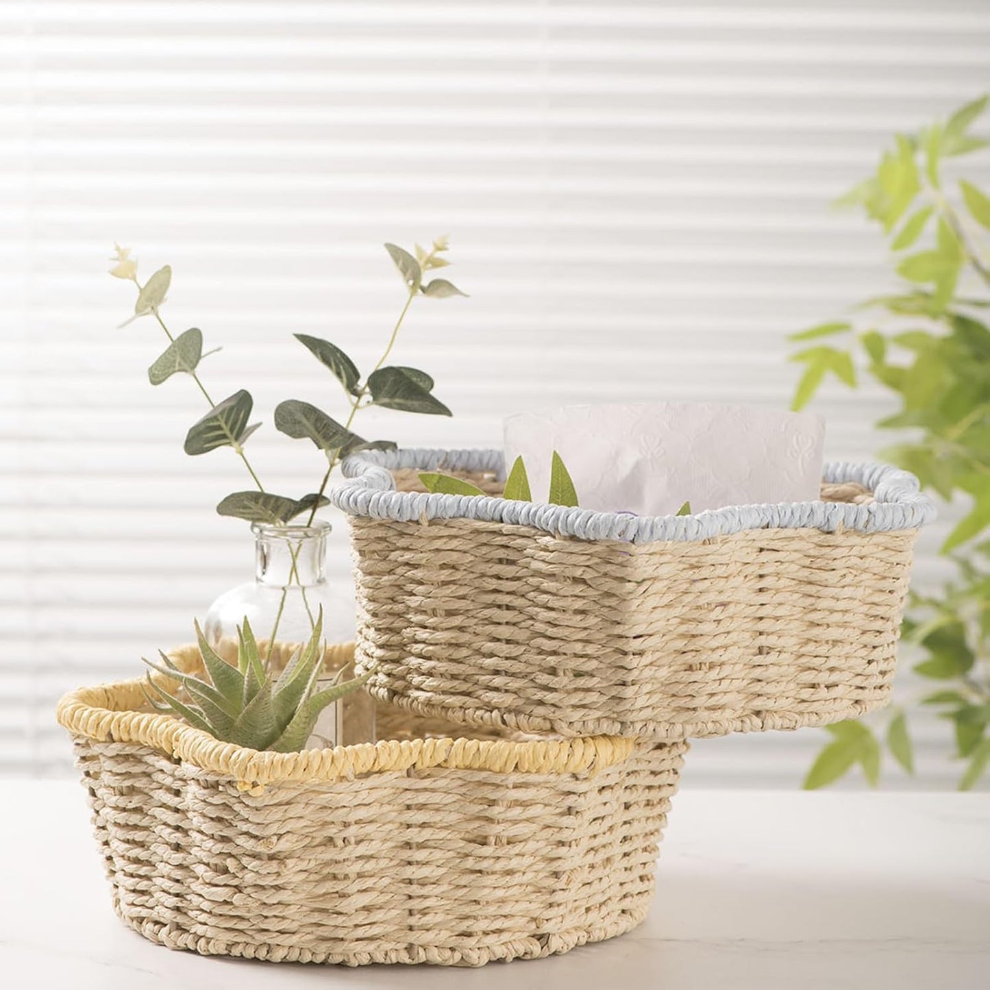Handwoven Paper Rope Basket with Iron Frame Desktop Plant Holder & Hom
