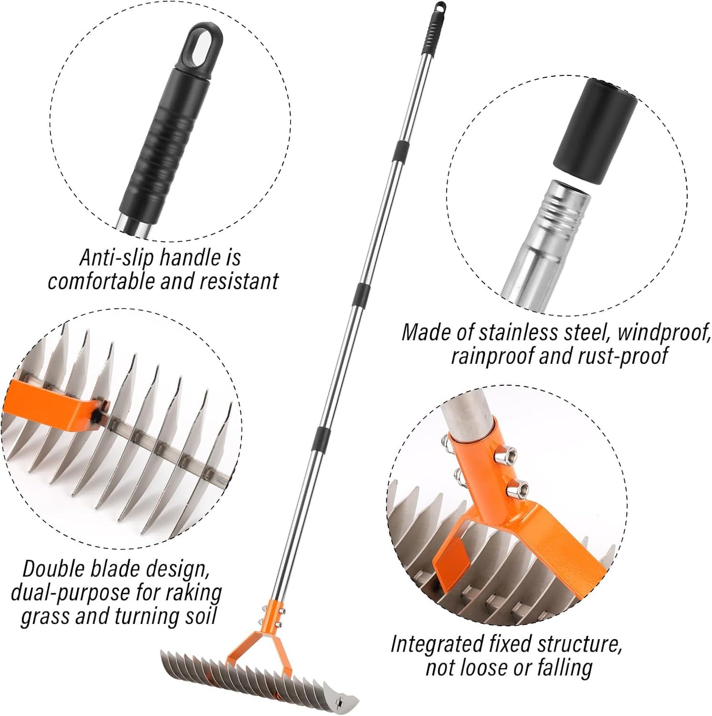 62" Adjustable Thatch Rake - 19-Tine Lawn Dethatcher with Nickel Steel