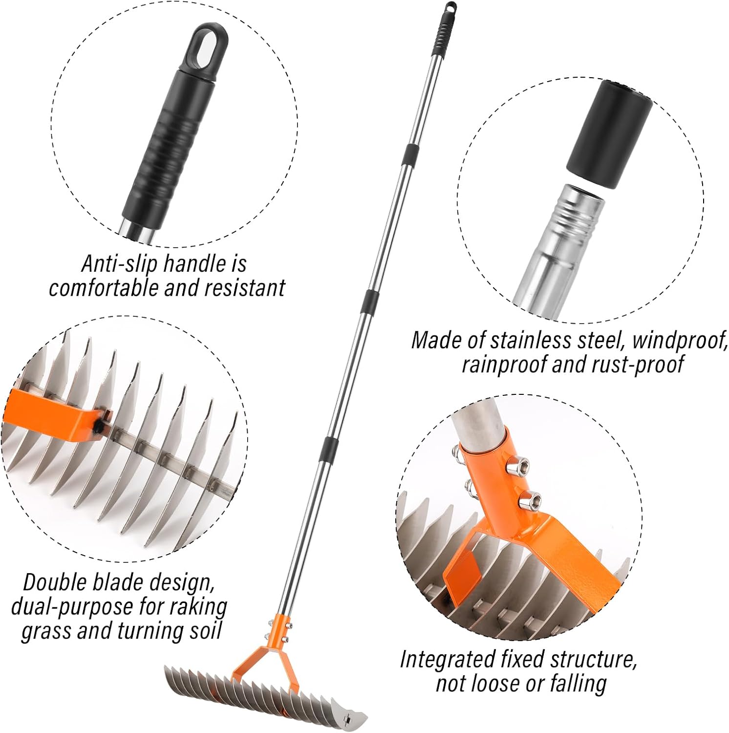 62" Adjustable Thatch Rake - 19-Tine Lawn Dethatcher with Nickel Steel